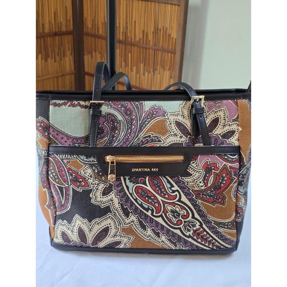 Spartina 449 Paisley Linen Leather Tote Bag Daufuskie Island Purple Multi Casual